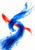 A looping ultramarine watercolor-like mark crossed by a vermilion stroke on a white background, with small blue droplets.