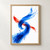 A looping ultramarine watercolor-like mark crossed by a vermilion stroke on a white background, with small blue droplets.; frame shown for styling only