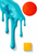 A turquoise paint-like cascade with rounded drips, a red-orange disc, and a yellow square arranged on a white background.