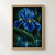 Graphic blue iris with two narrow buds and a sweeping green leaf above three bright ripple patterns in dark water.; frame shown for styling only