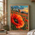 A large red-orange poppy and hanging curved bud above a dense flower field at sunset.; frame shown for styling only