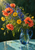 Colorful bouquet of coral poppies, blue-purple flowers, and yellow daisy-like blooms in a transparent blue pitcher on a turquoise tabletop.