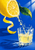 Oversized cut lemon with visible pulp sending juice droplets into a clear glass, accompanied by a green leaf and curling peel on cobalt blue.