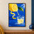 Oversized cut lemon with visible pulp sending juice droplets into a clear glass, accompanied by a green leaf and curling peel on cobalt blue.; frame shown for styling only