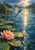 Blue dragonfly with translucent veined wings hovering over a sunlit, rain-dimpled pond with lily pads and a pink water lily.