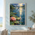Blue dragonfly with translucent veined wings hovering over a sunlit, rain-dimpled pond with lily pads and a pink water lily.; frame shown for styling only