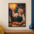Silver-haired baker in a teal apron raising a star-shaped tart toward a large orange moon, with pastries and a black cat in a colorful kitchen.; frame shown for styling only