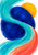 Abstract turquoise strokes winding around a deep ultramarine shape, with an orange-yellow disk, coral accent and white margins.