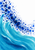 A broad aqua wave beneath a descending arc of ultramarine and navy dots on a white background.