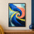 A tightly wound abstract spiral of cobalt, coral, pale aqua, yellow-green, and indigo bands with textured painterly strokes.; frame shown for styling only