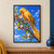 Golden-yellow bird reaches toward a red berry on a flowering branch against a vivid blue sky; its long tail is cropped at the right and bottom edges.; frame shown for styling only