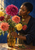 A short-haired woman leans toward a magenta dahlia and handles a stem among colorful flowers in a tall amber-colored glass vase.