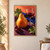 Golden pear beside a glass of dark red wine, grapes, leaves, and cobalt-blue cloth against a coral wall.; frame shown for styling only