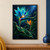 A large turquoise bird-of-paradise-like flower and a smaller orange bloom among broad wet green leaves and rain streaks against a dark blue-green background.; frame shown for styling only