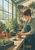 An adult gardener in a dark apron tends a potted seedling at a wooden greenhouse workbench amid plants, pots, and tools.