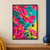 Large pink and fuchsia cosmos-like flowers with golden centers and dark teal leaves on a turquoise background, with a small bee hovering beside the main bloom.; frame shown for styling only