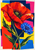 Large red-orange poppy and smaller blue cornflower with crossing green stems and sweeping leaves against vivid geometric color blocks.