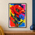 Large red-orange poppy and smaller blue cornflower with crossing green stems and sweeping leaves against vivid geometric color blocks.; frame shown for styling only