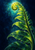 A luminous green fern frond with a curled fiddlehead and bright droplets against a glowing midnight-blue and teal background.
