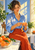 Seated woman peeling a mandarin beside a bowl of whole mandarins, with bright window light falling across the kitchen.