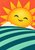 Smiling golden-orange sun with pointed rays above curved teal and mint bands, with small white clouds on a coral-red background.