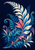 Stylized pale, blue, turquoise, coral, and pink fronds and tendrils arranged against a dark indigo background.