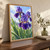 Three deep-violet bearded irises with golden centers and water droplets among green leaves against a pale blue sky.; frame shown for styling only