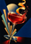Tilted ruby-red coupe glass with an orange citrus-peel ribbon, liquid splash, droplets, and angular blue-black rays.