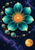 Large turquoise flower with a coral-and-gold centre surrounded by orbiting blue-green pods against a starry midnight-blue sky; an amber disc sits at lower right.