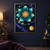 Large turquoise flower with a coral-and-gold centre surrounded by orbiting blue-green pods against a starry midnight-blue sky; an amber disc sits at lower right.; frame shown for styling only