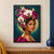 Adult woman in three-quarter view wearing a large crown-like arrangement of white and fuchsia orchids and dark leaves against teal.; frame shown for styling only