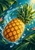 Golden pineapple tumbling diagonally through turquoise water, framed by tropical leaves and scattered droplets.