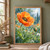 Large orange poppy covered in water droplets, with a smaller unopened bud and leafy stems against blue-green garden foliage.; frame shown for styling only