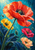 A large coral-red poppy above gold, fuchsia, and pale apricot flowers, with indigo leaves and water droplets against turquoise blue.