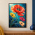 A large coral-red poppy above gold, fuchsia, and pale apricot flowers, with indigo leaves and water droplets against turquoise blue.; frame shown for styling only
