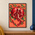 Oversized open pomegranate with cascading ruby seeds, green leaves, and coral blossoms on a coral background.; frame shown for styling only
