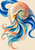 Patterned nautilus shell with an exposed spiral chamber surrounded by broad blue, turquoise, and coral wave-like ribbons on a pale background.