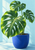Three large green split leaves growing from a vivid cobalt-blue pot against a pale aqua background.