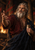 Gray-bearded man in red and dark-blue robes gestures beside a decorated drinking horn in a firelit wooden room.