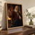 Gray-bearded man in red and dark-blue robes gestures beside a decorated drinking horn in a firelit wooden room.; frame shown for styling only