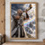 Bearded armored figure blowing a large horn before a luminous city and rainbow bridge.; frame shown for styling only