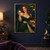 Red-haired woman in a deep green gown holding a golden apple beside an ornate open box filled with apples.; frame shown for styling only