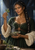 Woman in a dark green dress holds a white flower sprig above a bowl of herbs beside pottery and plants.