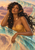 Pointed-ear woman in a golden wrap and bronze collar amid translucent turquoise sweeps in a desert landscape.