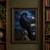 Black raven perched on a rounded stone finial above reflective water, with red berries at left and distant lights beneath a dark blue-black sky.; frame shown for styling only