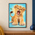 Golden lion cub facing forward with oversized paws and open mouth against turquoise, with a curled tail, floating leaf, and pale apricot glow.; frame shown for styling only