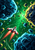 Pixel-art spaceship with coral exhaust flares banking through glowing cyan and yellow asteroids on an emerald background.