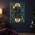 Two mirrored views of an adult in indigo robes meet back-to-back, with a glowing lantern, crescent moons and dense flowers and foliage.; frame shown for styling only