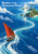 Wooden boat with a rust-red triangular sail crossing blue water toward green islands, following a curling white current beneath clouds and two seabirds; title lettering at upper left.