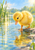 Fluffy yellow duckling leaning toward circular ripples, with one webbed foot touching reflective water and reeds behind.